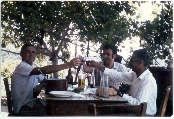 Yiannis Papayiannis, cousin George and neighbour Andreas on Yiannis' veranda